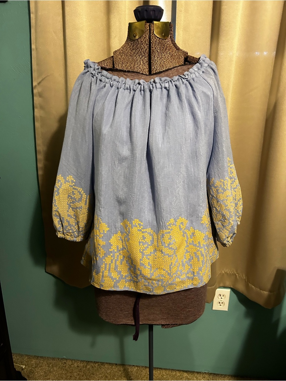 CeCe Shimmery Light Blue Ruffled Blouse